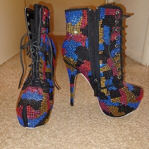 Cute Multicolored Bright Rhinestone Platform Lace up Heels size 8 &1/2